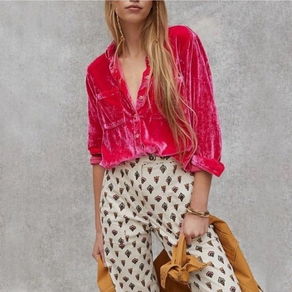 NWT Anthropologie Pilcro “Mara” HOT PINK Velvet Button-down blouse, AMAZING!✨✨✨ - Picture 2 of 11